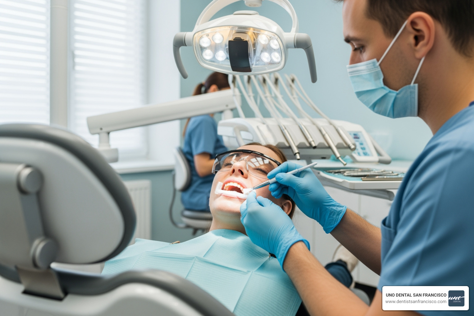 dentist applying professional whitening gel - pain free teeth whitening