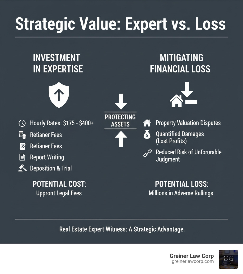 table comparing the potential cost of hiring an expert vs. the potential financial loss from an unfavorable judgment - Real estate expert witness infographic 