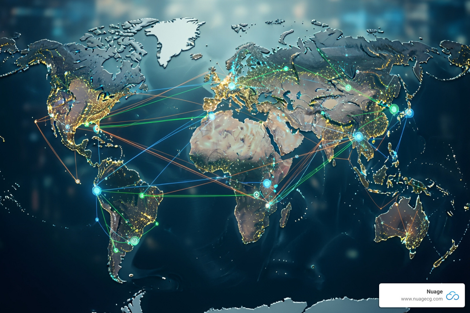a world map with interconnected data points representing a global supply chain - NetSuite for enterprises