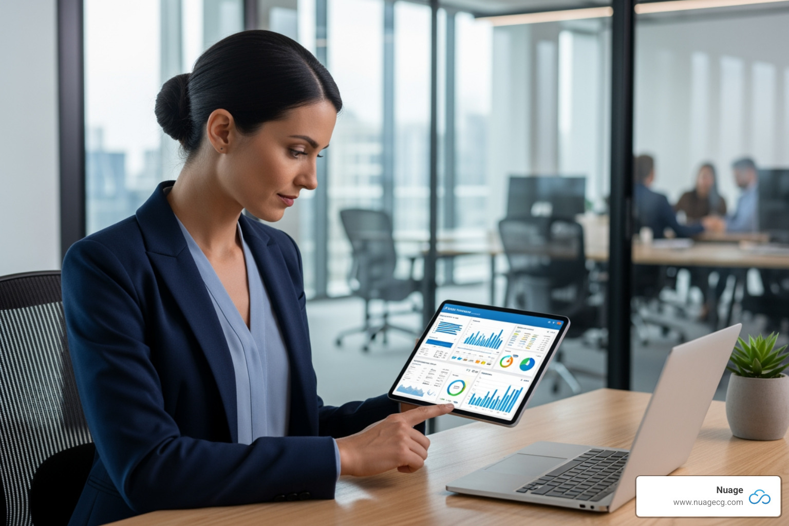 a financial controller reviewing real-time performance dashboards on a tablet - NetSuite for enterprises