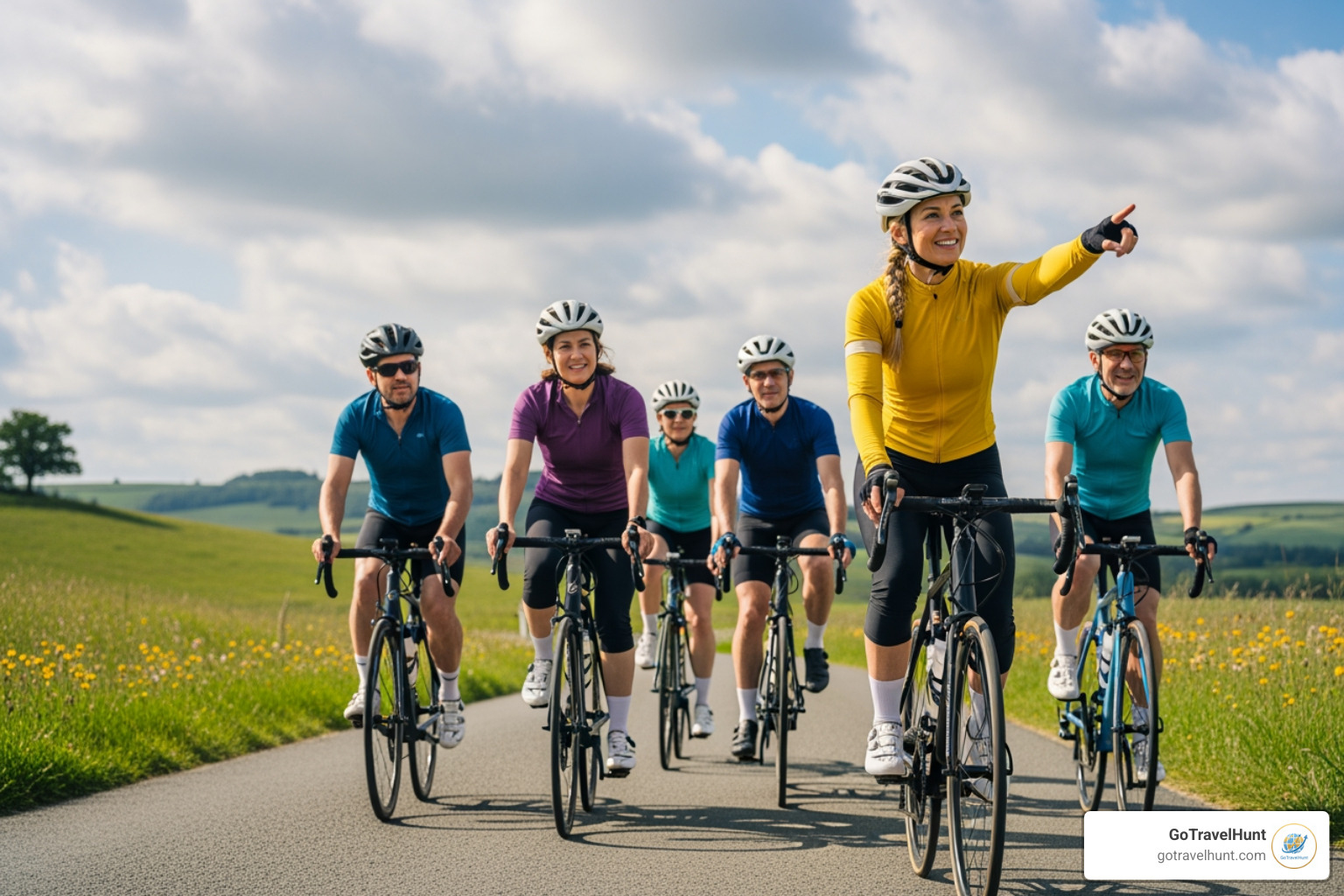 group of cyclists with a guide - solo cycling holidays