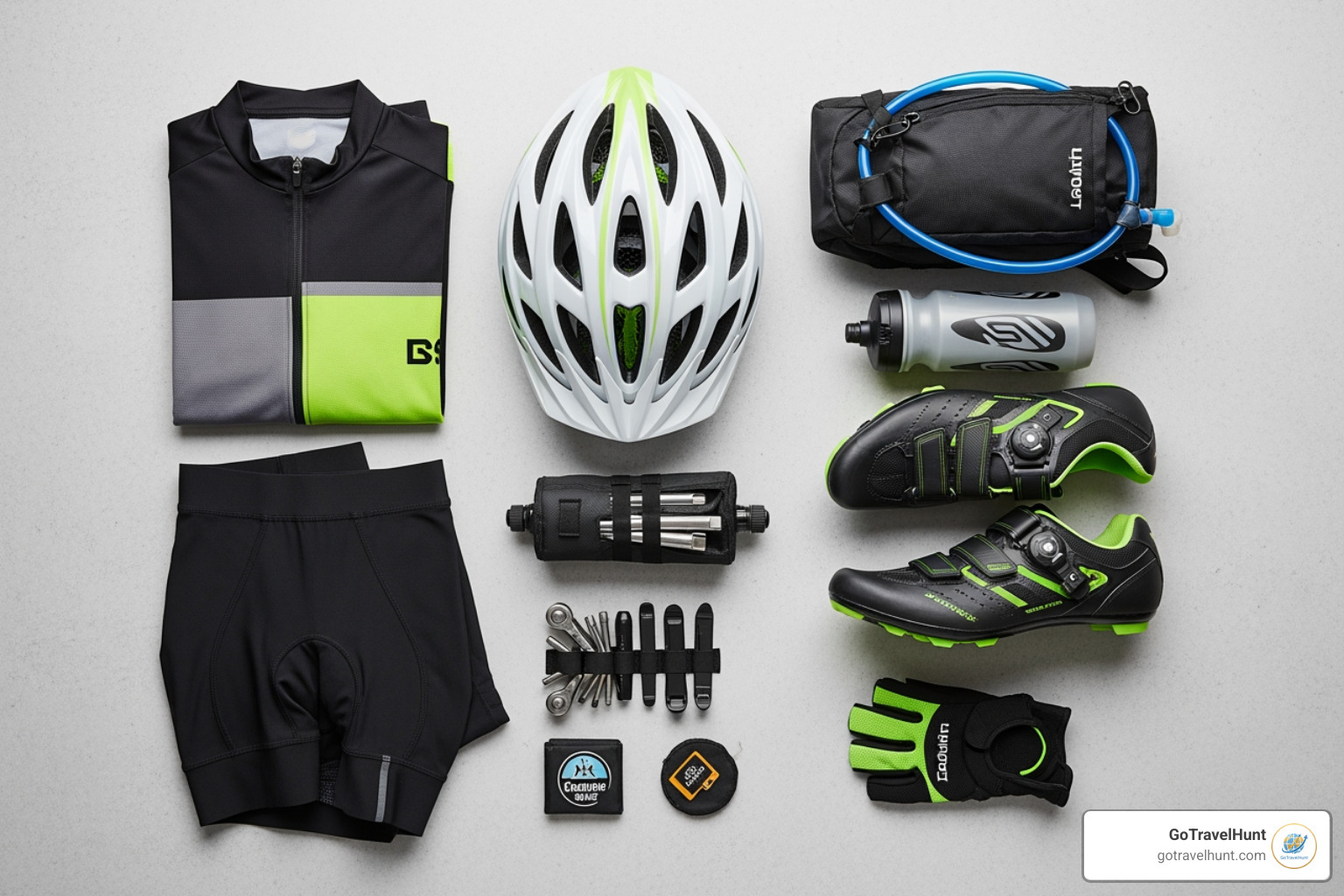 essential cycling gear laid out - solo cycling holidays