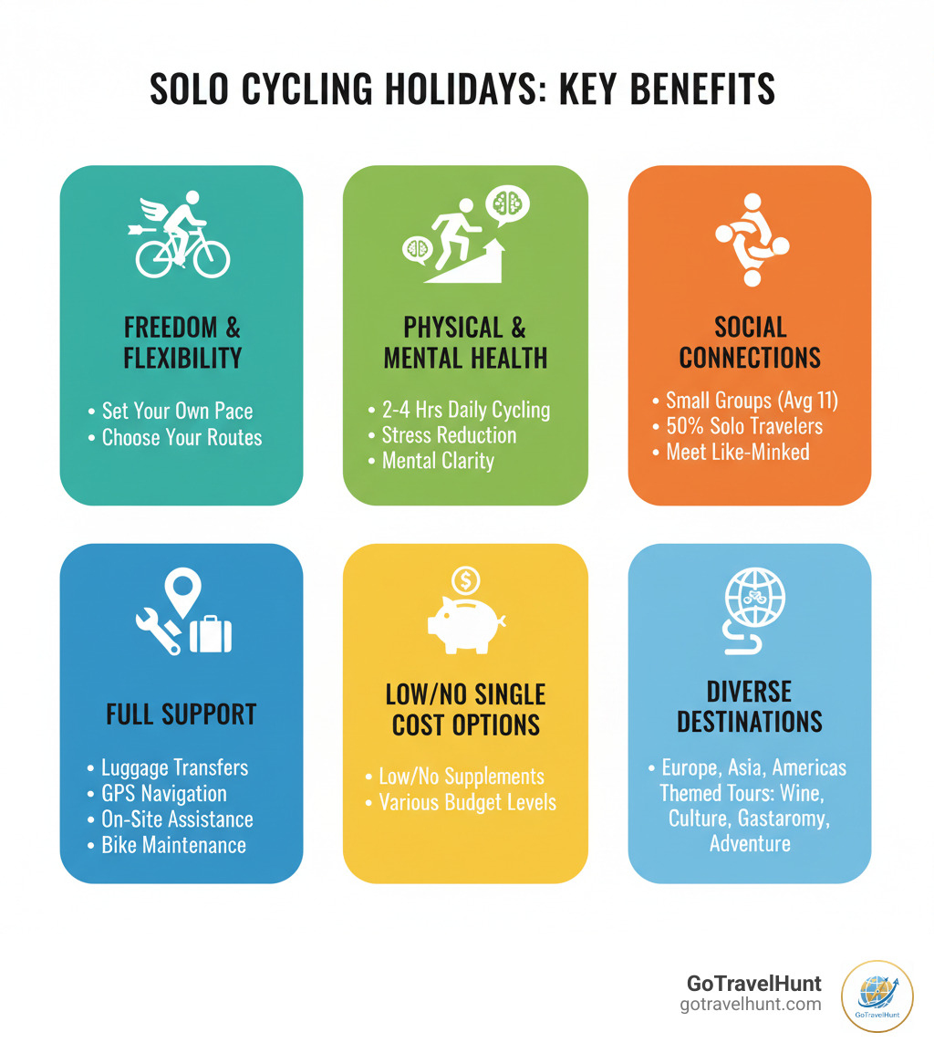 Infographic showing key benefits of solo cycling holidays: Freedom & Flexibility (set your own pace, choose your routes), Physical & Mental Health (2-4 hours daily cycling, stress reduction, mental clarity), Social Connections (small groups of 11 people average, 50% solo travelers, meet like-minded cyclists), Full Support (luggage transfers, GPS navigation, on-site assistance, bike maintenance), Cost Options (low/no single supplements available, transparent pricing, various budget levels), and Diverse Destinations (Europe, Asia, Americas with themed tours for wine, culture, gastronomy, and adventure) - solo cycling holidays infographic 