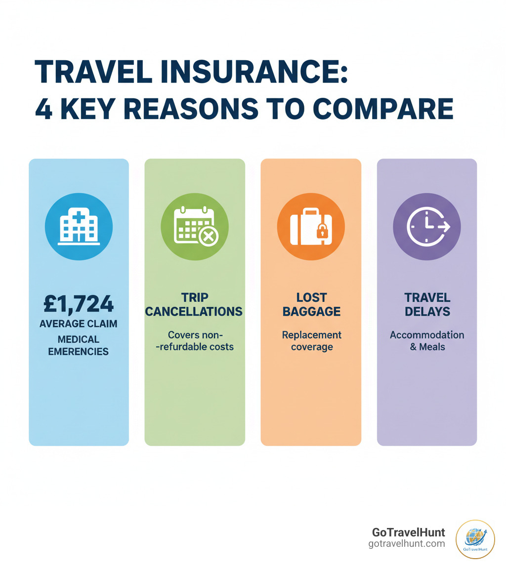 Infographic showing four key reasons to compare travel insurance: Medical Emergencies with hospital icon showing average claim of £1,724, Trip Cancellations with calendar icon showing coverage for non-refundable costs, Lost Baggage with suitcase icon showing replacement coverage, and Travel Delays with clock icon showing reimbursement for accommodation and meals - travel insurance compare infographic 