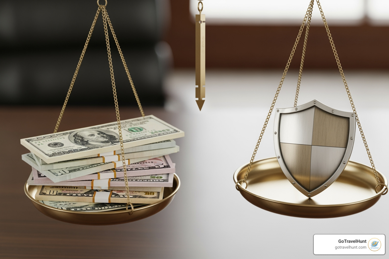 Image of a traditional scale with one side labeled "Cost" and the other "Coverage," illustrating the balance travelers seek when purchasing travel insurance - travel insurance compare