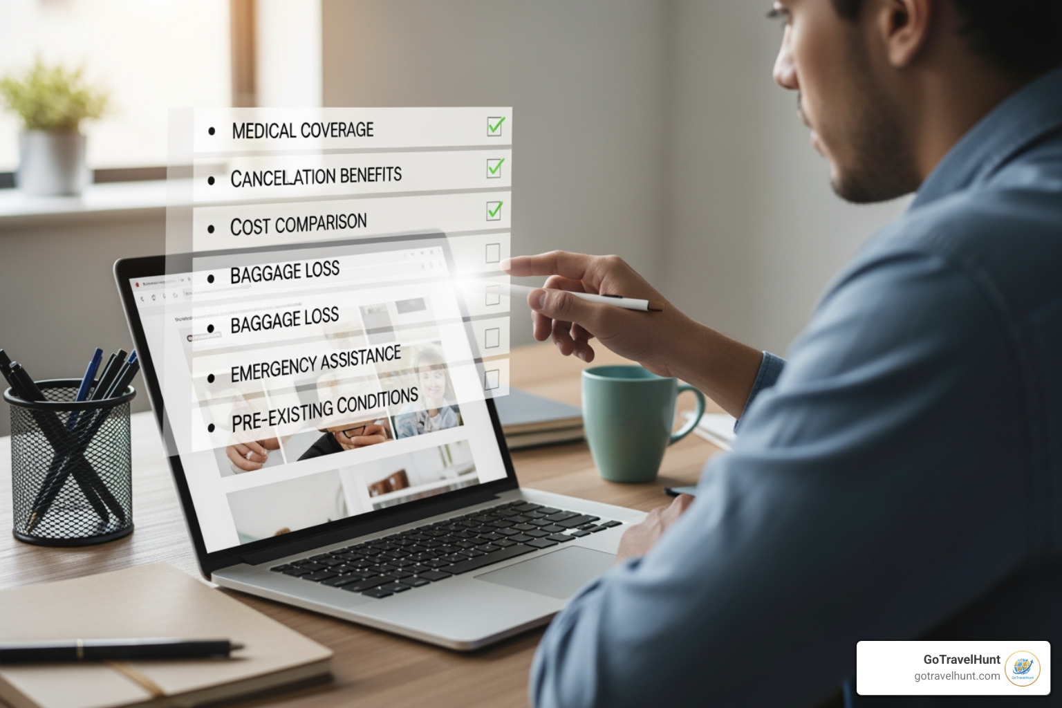 Image of a person using a laptop with a checklist overlay for comparing travel insurance quotes, highlighting key criteria such as medical coverage, cancellation benefits, and cost - travel insurance compare