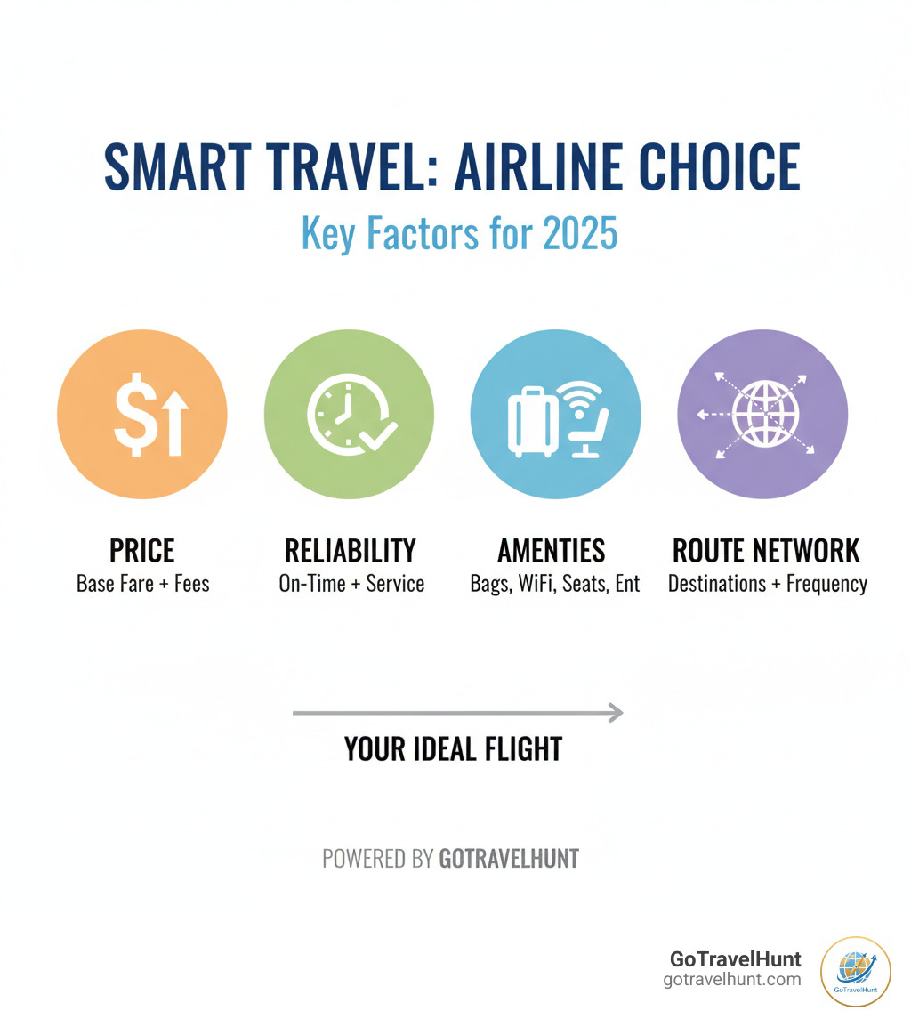 Infographic showing key factors in choosing an airline: Price (base fare and total cost with fees), Reliability (on-time performance and customer service), Amenities (included bags, seat selection, WiFi, entertainment), and Route Network (destinations served and flight frequency) - best and cheapest airlines infographic 