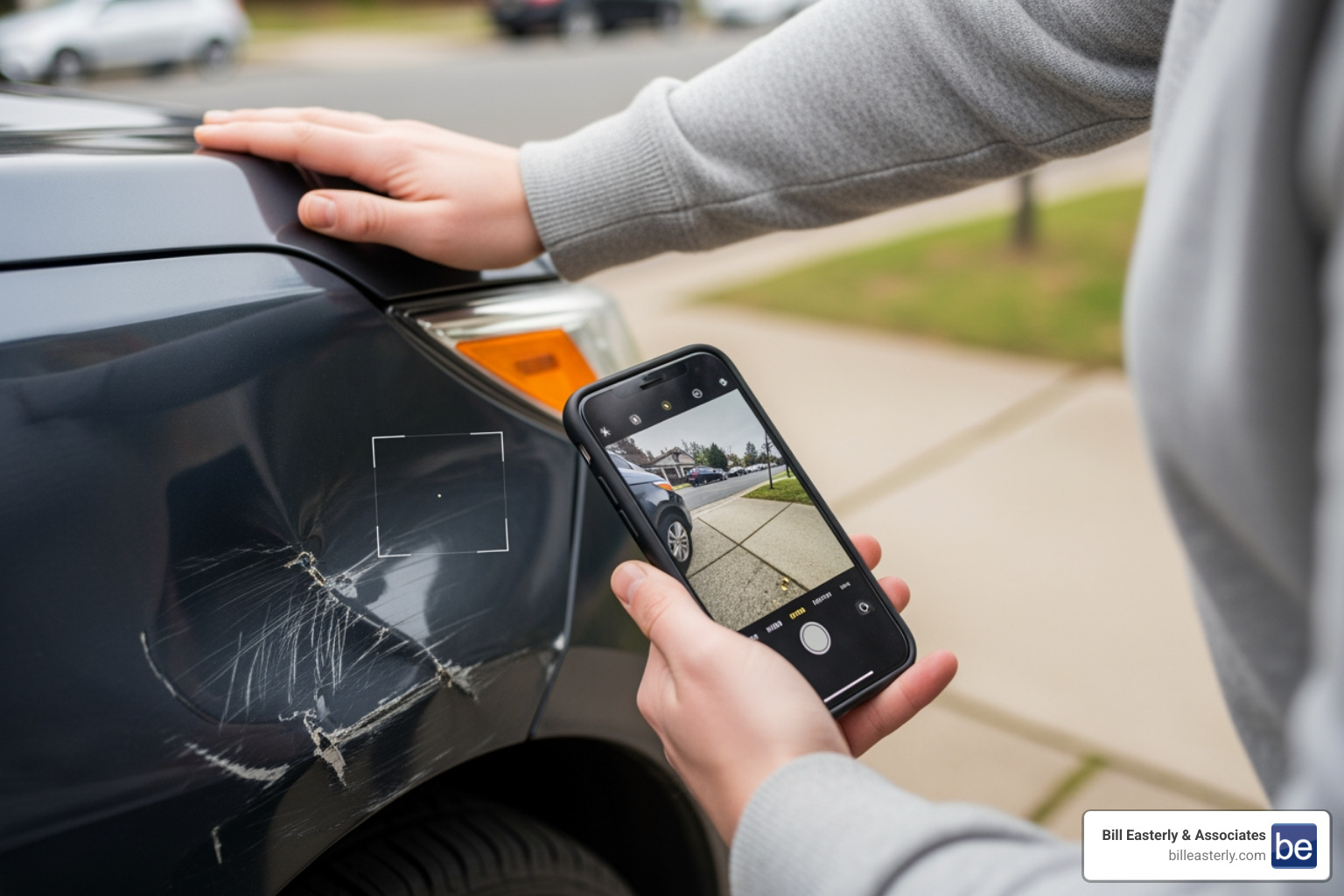 A person using their smartphone to take a picture of car damage - what to do after a car accident in nashville