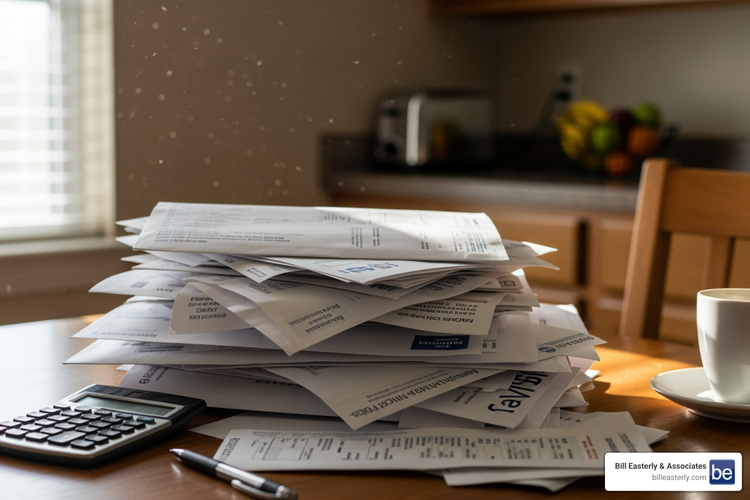 Stack of medical bills on a kitchen table - who pays medical bills after a car crash in tennessee