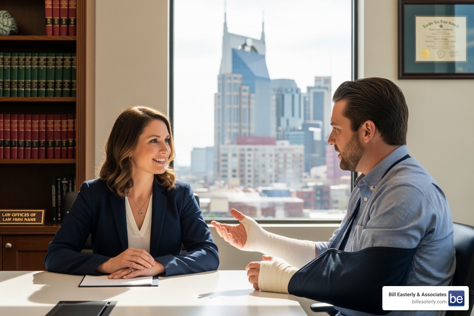 Compassionate lawyer meeting with an injured client in a professional Nashville office - who pays medical bills after a car crash in tennessee