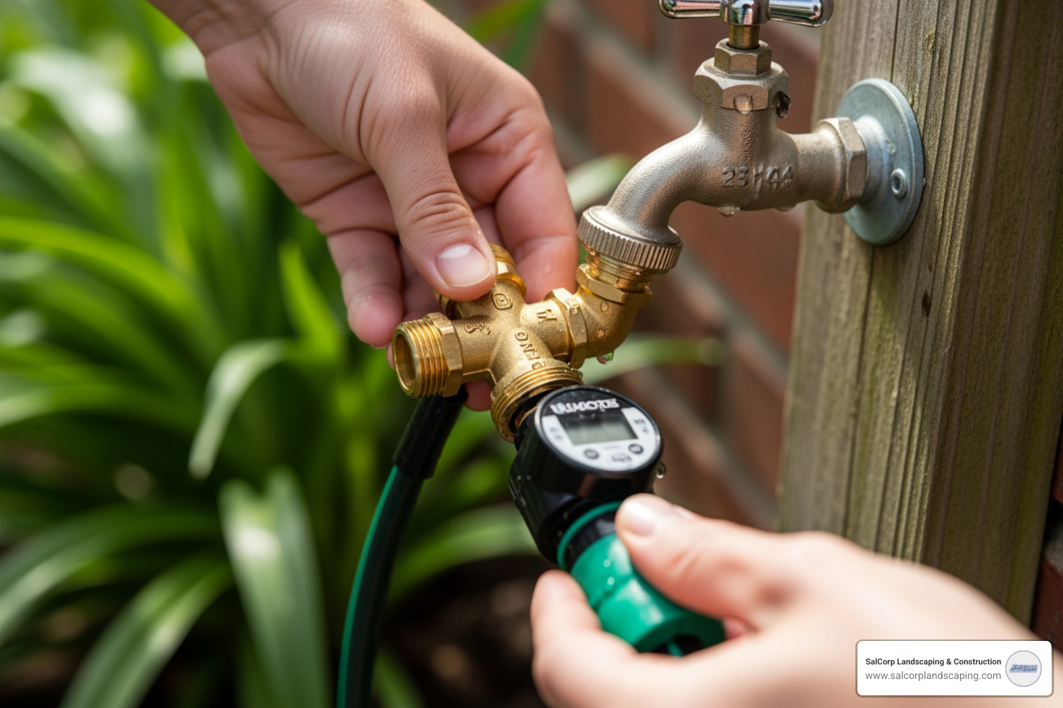 hands connecting irrigation components to spigot - set up automatic watering system