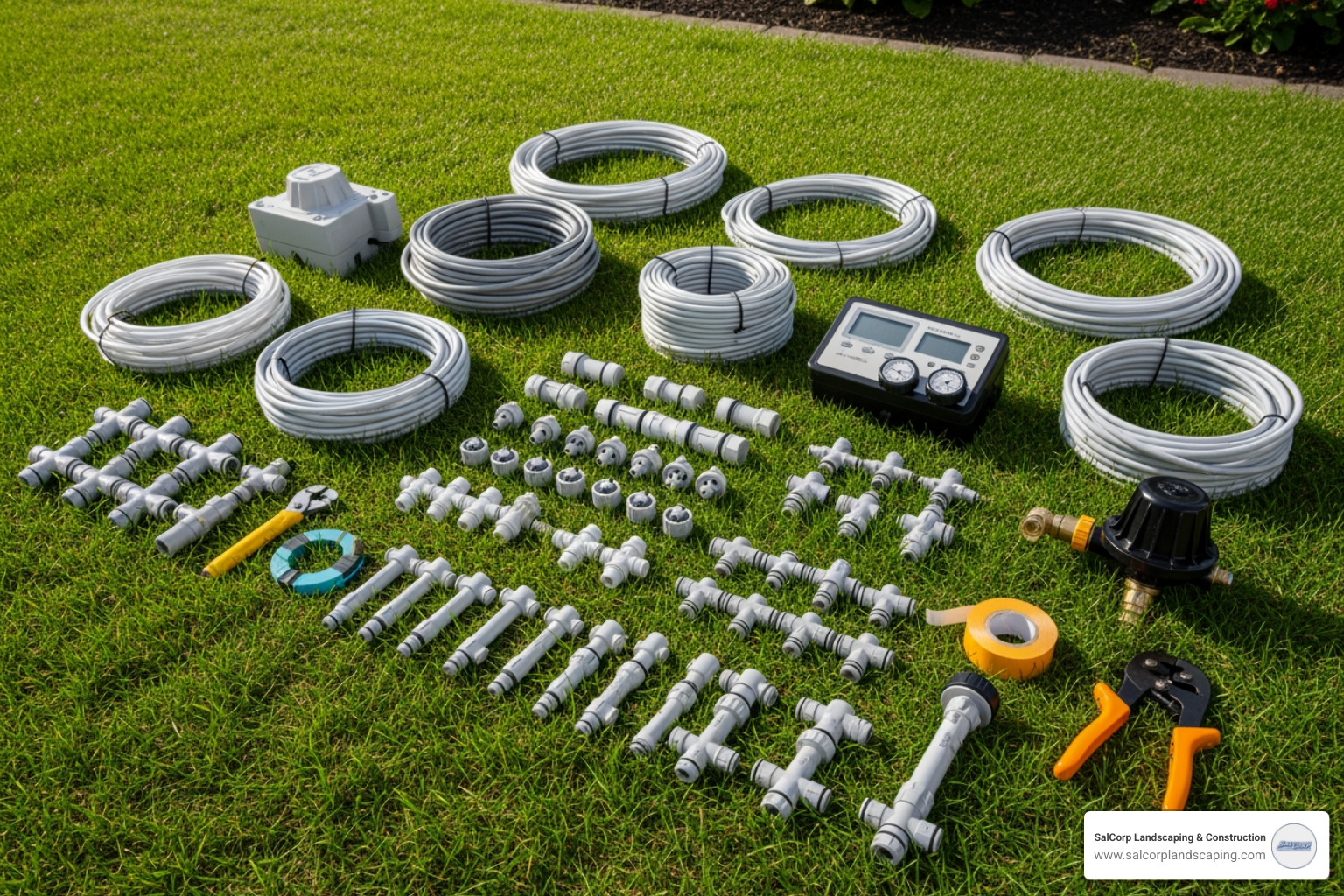 essential irrigation components laid out on a lawn - set up automatic watering system