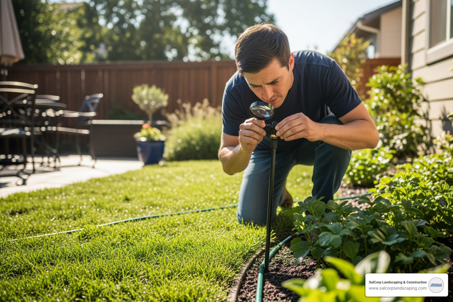 person checking irrigation system for leaks - set up automatic watering system