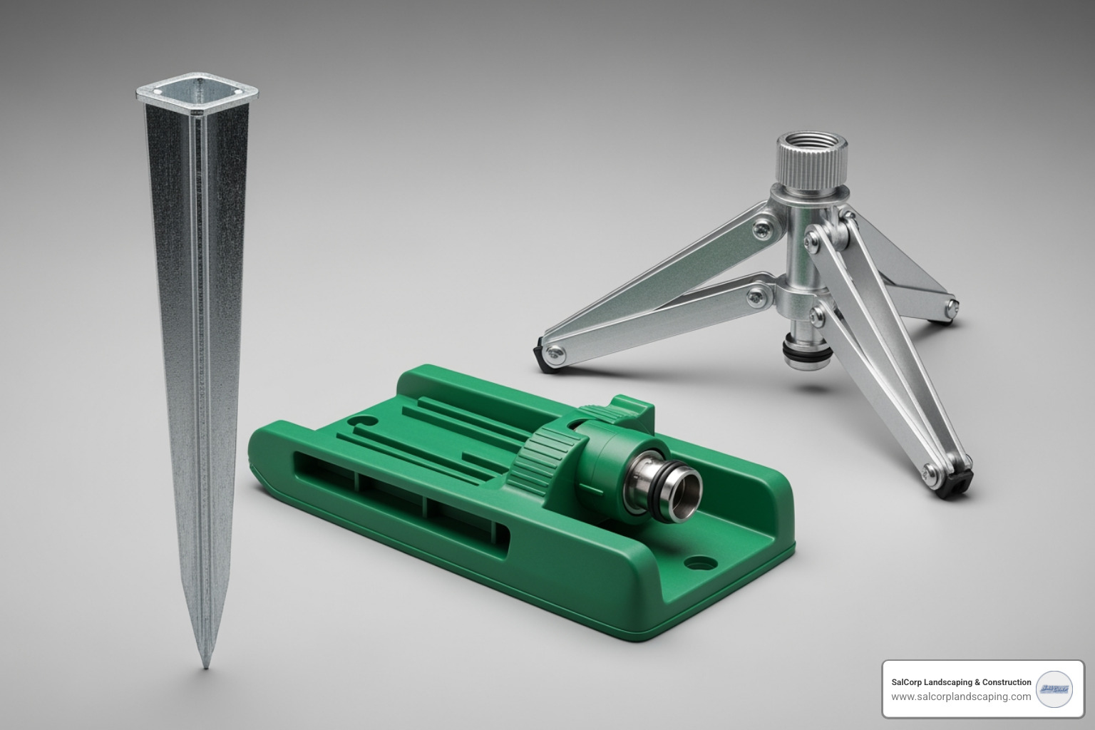 Image showing metal and plastic sprinkler bases, such as a metal spike, a plastic sled, and a tripod base - hose sprinkler