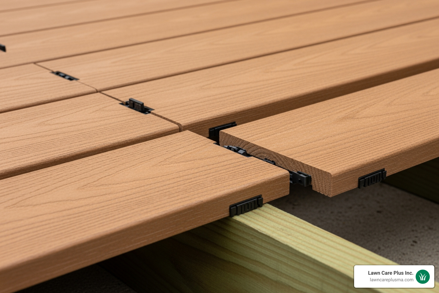 Composite deck boards being installed with hidden fasteners onto the sleeper frame - how to install deck over concrete patio Composite deck boards being installed with hidden fasteners onto the sleeper frame - how to install deck over concrete patio