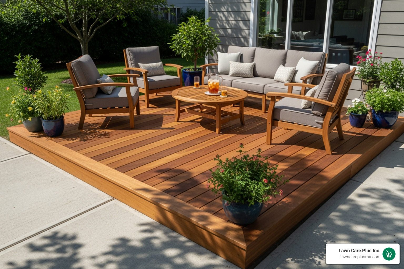 Finished deck over a concrete patio, furnished and in use - how to install deck over concrete patio Finished deck over a concrete patio, furnished and in use - how to install deck over concrete patio