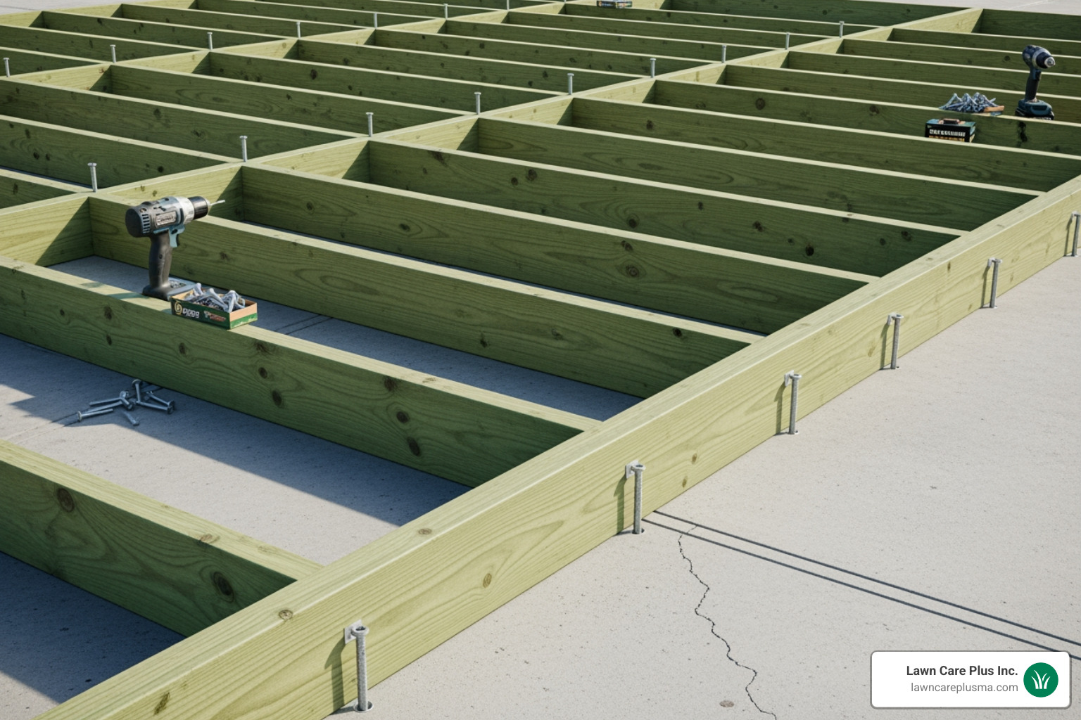 Sleeper system of pressure-treated 2x4s laid out and being fastened to a concrete slab - how to install deck over concrete patio Sleeper system of pressure-treated 2x4s laid out and being fastened to a concrete slab - how to install deck over concrete patio
