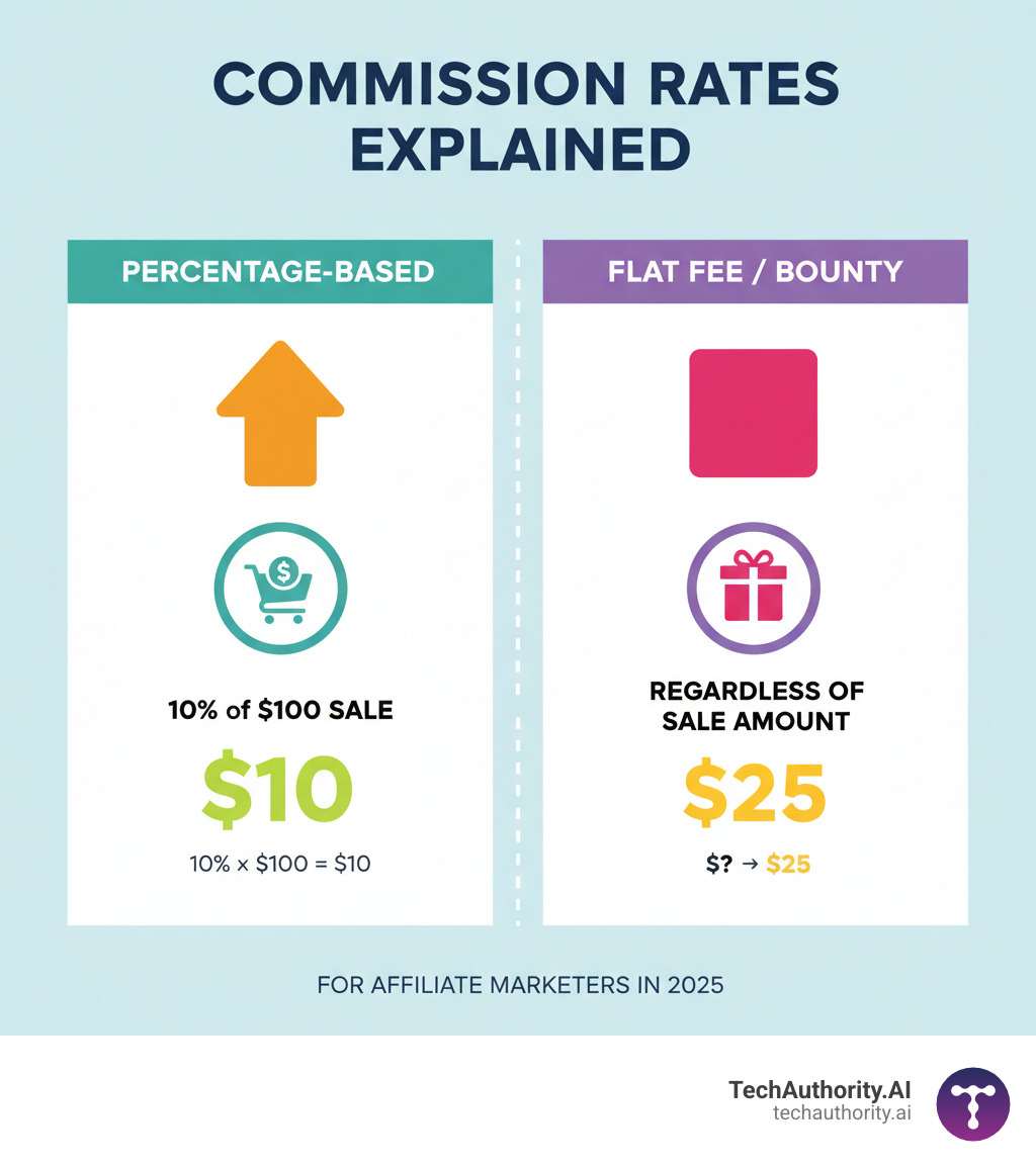 infographic showing percentage-based commission of 10% on $100 sale equals $10, compared to flat bounty payment of $25 regardless of sale amount - commission rates infographic infographic showing percentage-based commission of 10% on $100 sale equals $10, compared to flat bounty payment of $25 regardless of sale amount - commission rates infographic