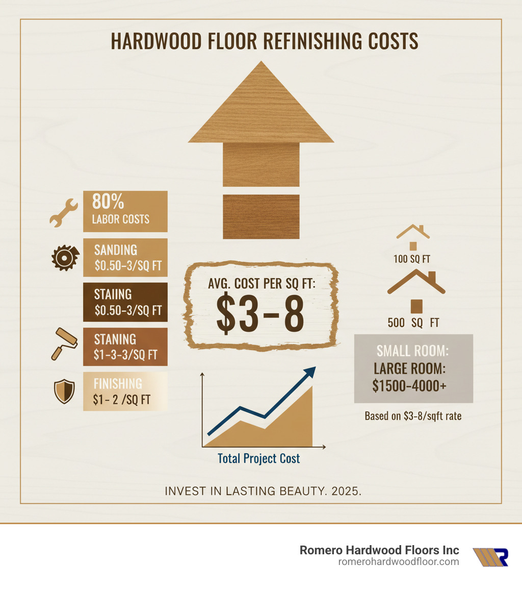 infographic showing cost breakdown for refinishing hardwood floors including average cost per square foot ranging from $3-$8, labor costs at 80% of total, sanding costs of $0.50-$3 per square foot, staining costs of $1-$3 per square foot, and finishing costs of $1-$2 per square foot, with a comparison of small room versus large room total costs - how much to refinish wood floors infographic 