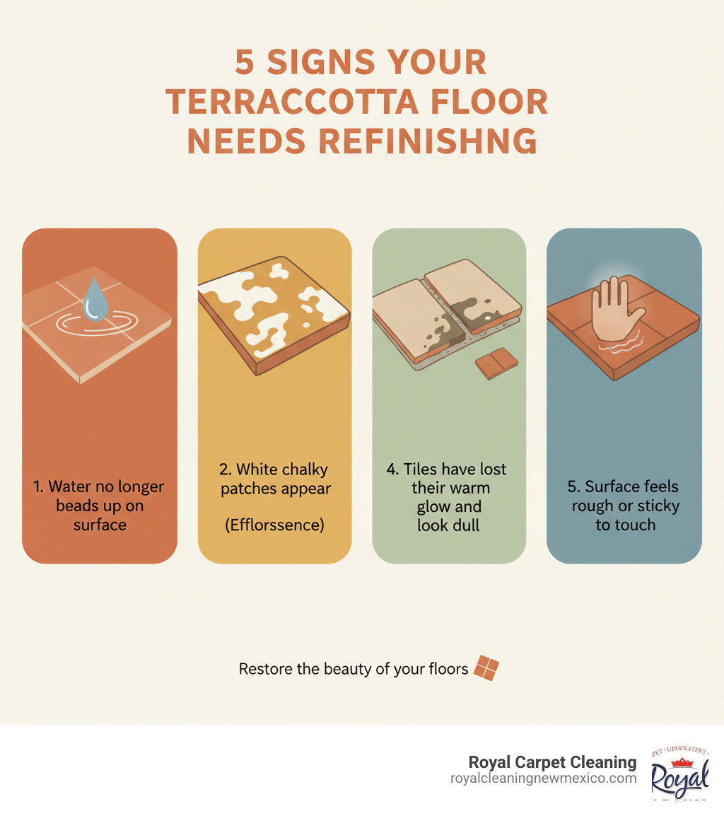 Infographic showing 5 signs your terracotta floor needs refinishing: 1) Water no longer beads up on surface, 2) White chalky patches appear (efflorescence), 3) Grout lines are dark and discolored, 4) Tiles have lost their warm glow and look dull, 5) Surface feels rough or sticky to touch - refinishing terracotta tile floors infographic 