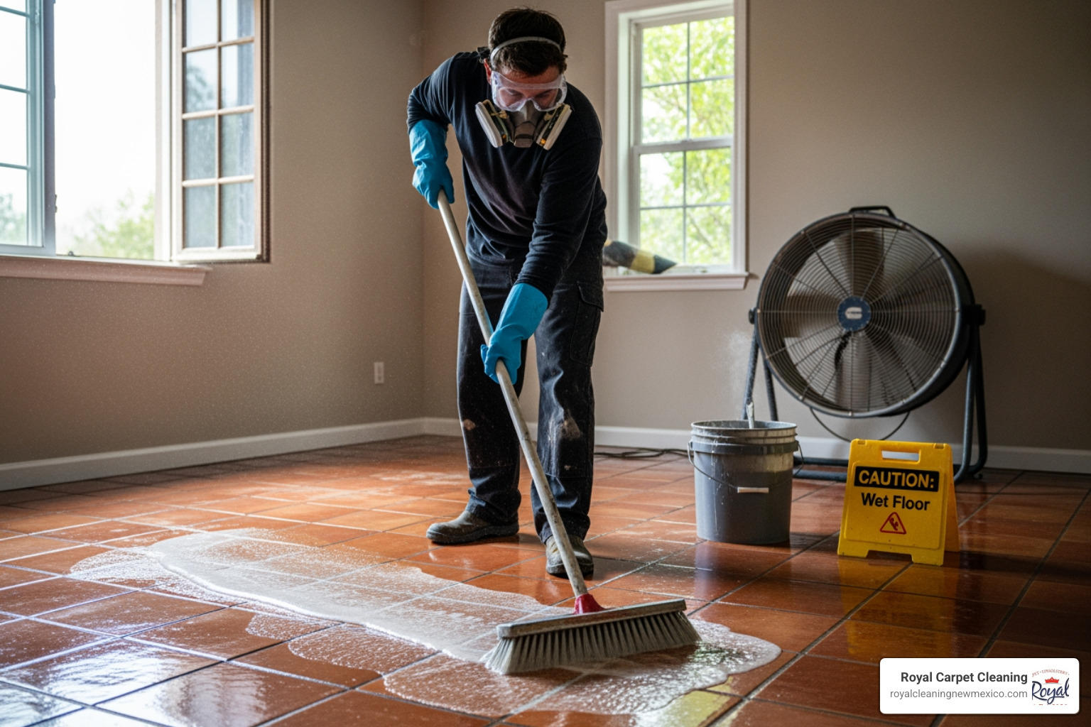 person applying stripping agent - refinishing terracotta tile floors
