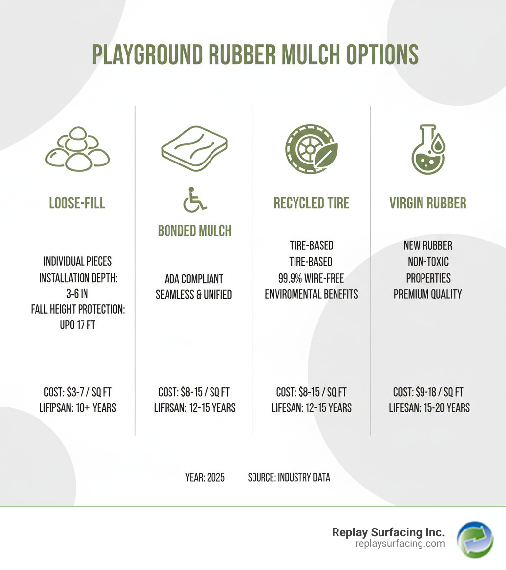 detailed infographic comparing best rubber mulch for playground options: showing loose-fill rubber mulch characteristics with installation depth of 3-6 inches and fall height protection ratings, bonded rubber mulch features with unitary surface benefits and ADA compliance, tire-based recycled options with 99.9% wire-free certification and environmental benefits, and virgin rubber alternatives with non-toxic properties and premium pricing, including cost ranges per square foot and expected lifespan for each type - best rubber mulch for playground infographic detailed infographic comparing best rubber mulch for playground options: showing loose-fill rubber mulch characteristics with installation depth of 3-6 inches and fall height protection ratings, bonded rubber mulch features with unitary surface benefits and ADA compliance, tire-based recycled options with 99.9% wire-free certification and environmental benefits, and virgin rubber alternatives with non-toxic properties and premium pricing, including cost ranges per square foot and expected lifespan for each type - best rubber mulch for playground infographic