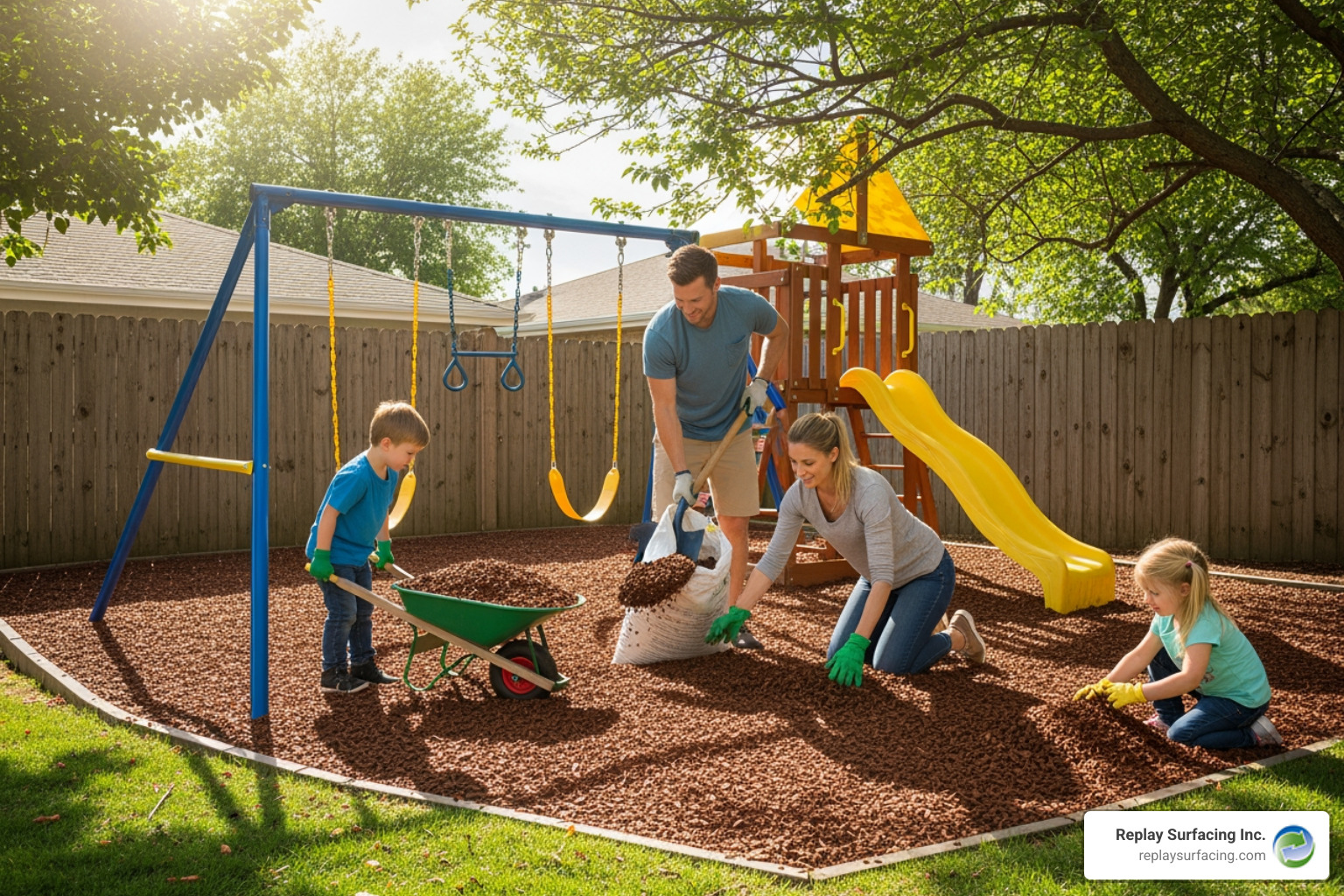 a family installing rubber mulch in their backyard playground in Nashville, TN - best rubber mulch for playground a family installing rubber mulch in their backyard playground in Nashville, TN - best rubber mulch for playground