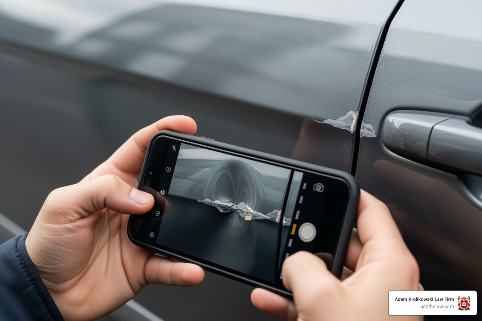 person taking a photo of car damage with their phone - personal injury attorney orange ca