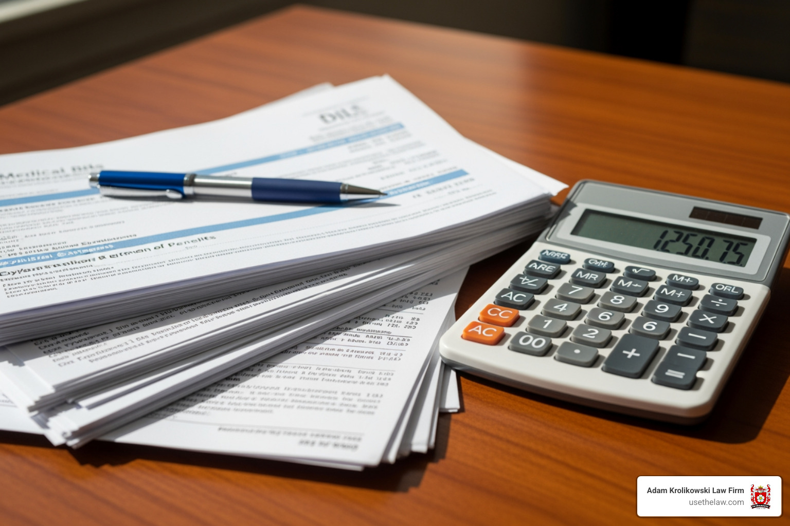 calculator next to medical bills - personal injury attorney orange ca