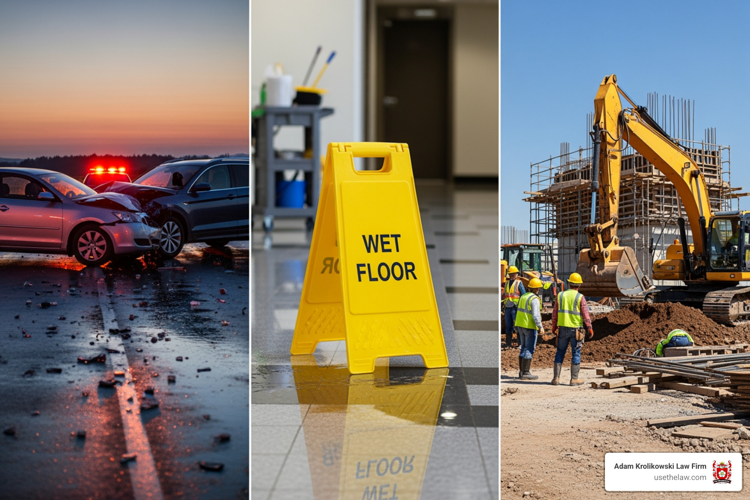 collage of different accident types like a car crash, a slip and fall sign, and a construction site - personal injury attorney orange ca
