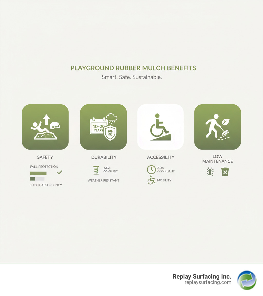infographic showing the four core benefits of best rubber mulch for playground use: safety features including fall protection ratings and shock absorbency, durability metrics showing 10-20 year lifespan and weather resistance, accessibility standards with ADA compliance and wheelchair mobility, and low maintenance characteristics including pest resistance and no decomposition - best rubber mulch for playground infographic infographic showing the four core benefits of best rubber mulch for playground use: safety features including fall protection ratings and shock absorbency, durability metrics showing 10-20 year lifespan and weather resistance, accessibility standards with ADA compliance and wheelchair mobility, and low maintenance characteristics including pest resistance and no decomposition - best rubber mulch for playground infographic