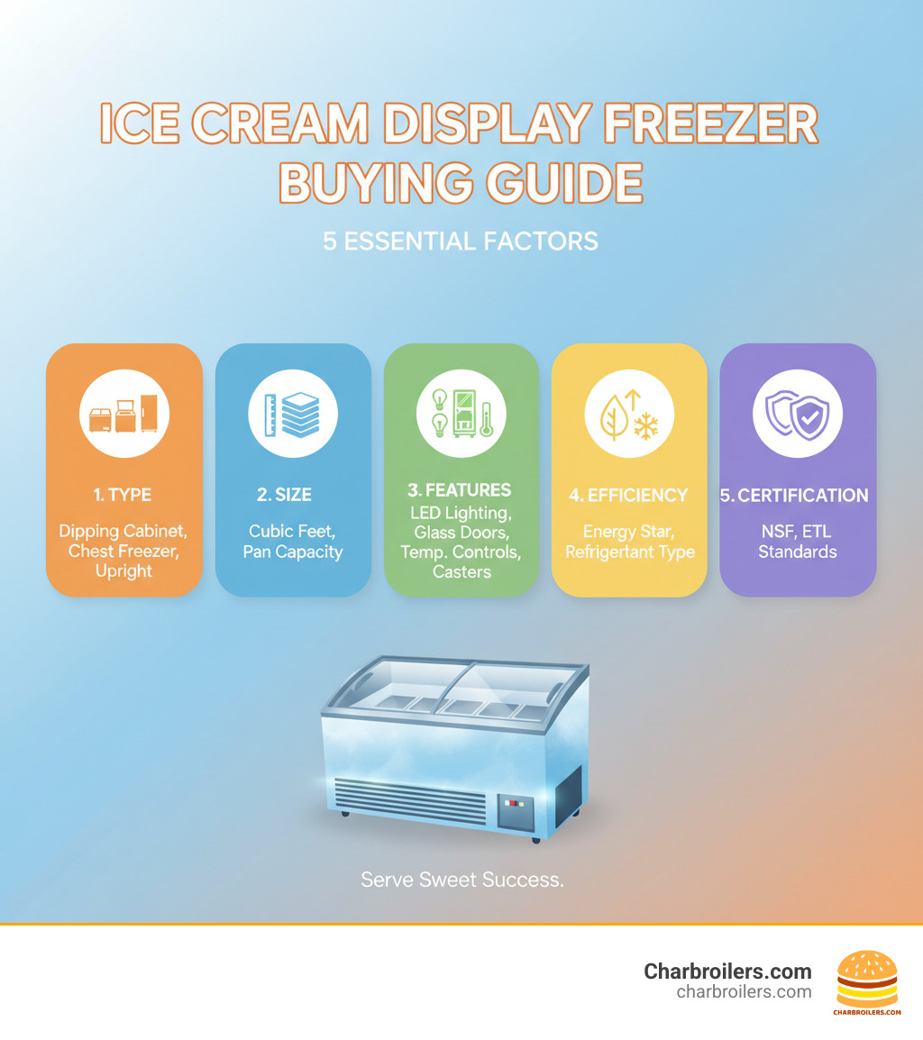 Infographic showing the 5 key factors when buying an ice cream display freezer: Type (dipping cabinet, chest freezer, or upright), Size (measured in cubic feet and pan capacity), Features (LED lighting, glass doors, temperature controls, and casters), Efficiency (Energy Star rating and refrigerant type), and Certification (NSF and ETL standards for food safety compliance) - ice cream display freezer infographic 