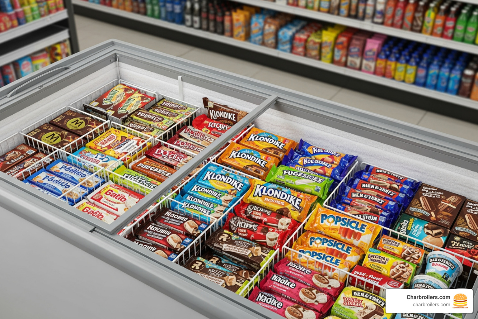 A sliding glass top chest freezer filled with an assortment of pre-packaged ice cream novelties and frozen treats - ice cream display freezer