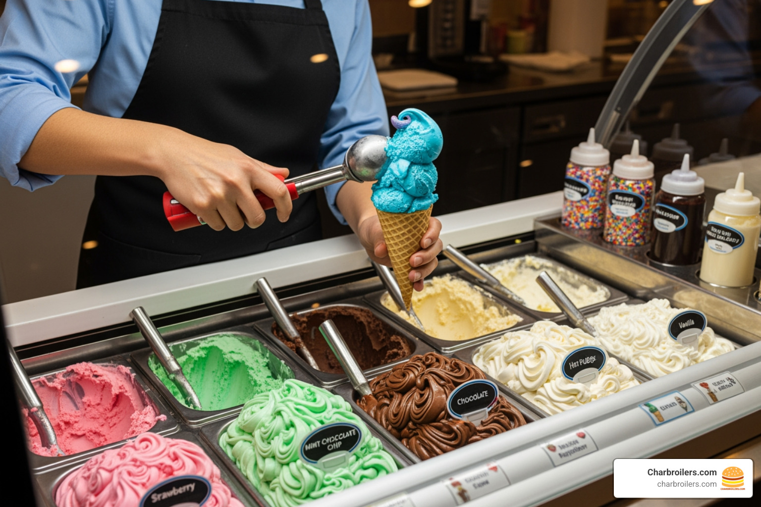 A server expertly scooping ice cream from a dipping cabinet into a cone, with colorful flavors visible - ice cream display freezer