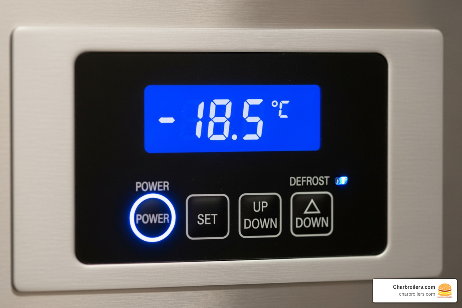 A close-up image of a digital temperature control panel on a commercial freezer, showing precise temperature settings - ice cream display freezer