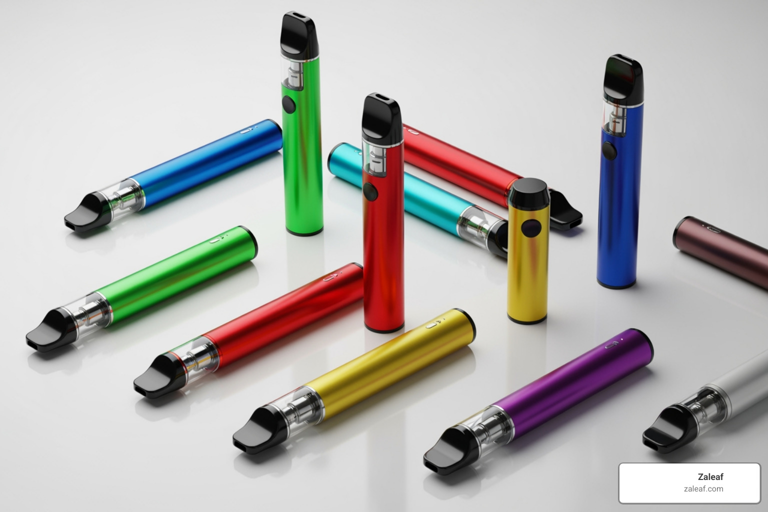 Image of different flavored vape pens arranged artfully - affordable CBD vape