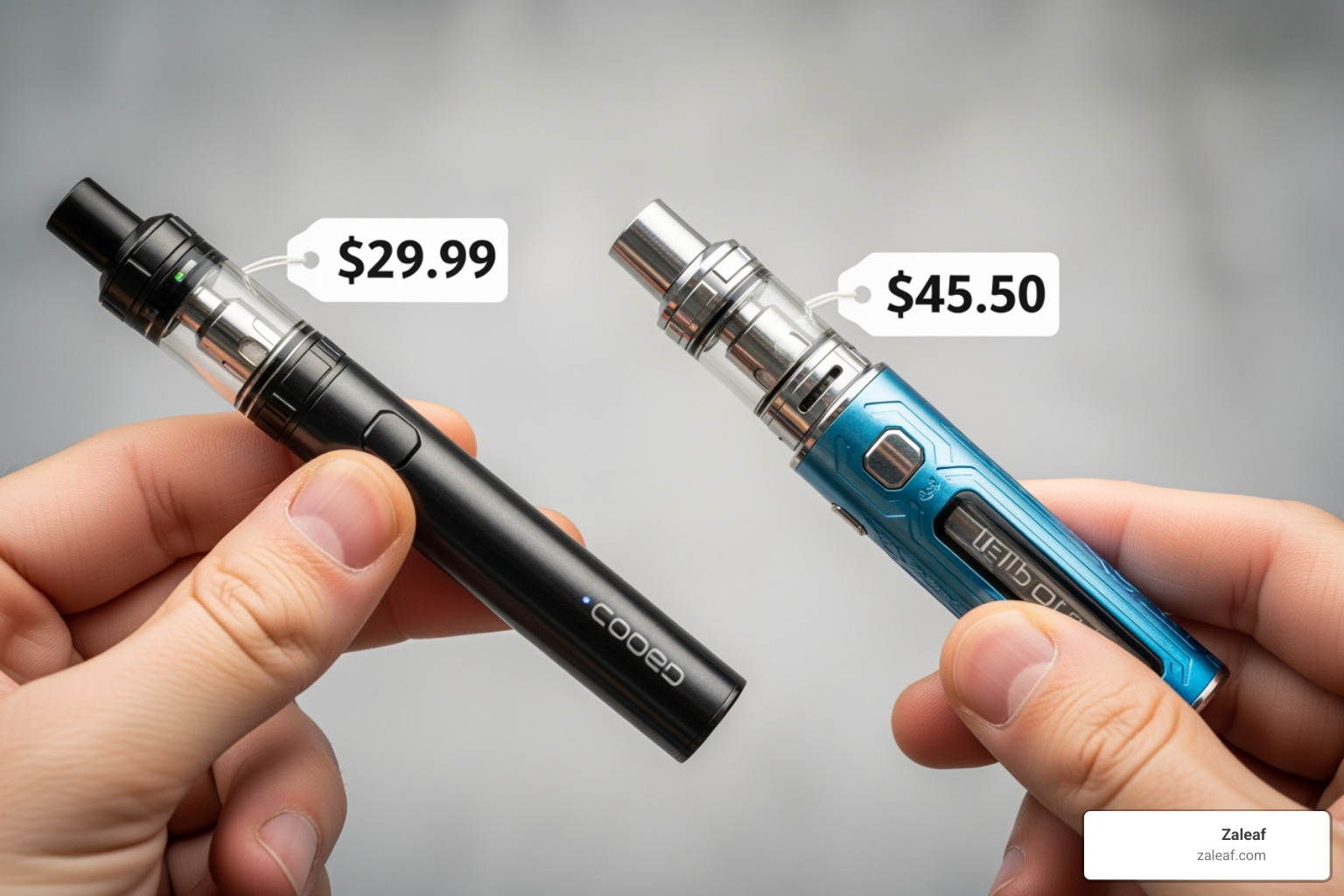 Image of a person comparing two vape pens with price tags - affordable CBD vape