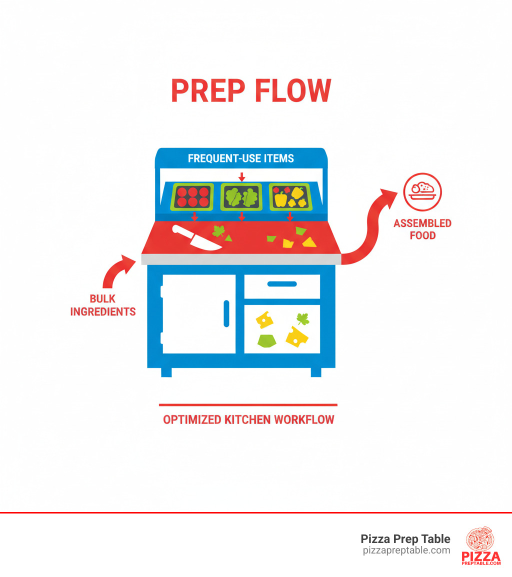 Infographic showing the workflow of a refrigerated prep table: ingredients stored in the bottom refrigerated cabinet, accessed via doors or drawers, with the top refrigerated well holding frequently-used items in pans above a stainless steel cutting board workspace, with arrows indicating the flow from storage to prep surface - prep table with refrigeration infographic 