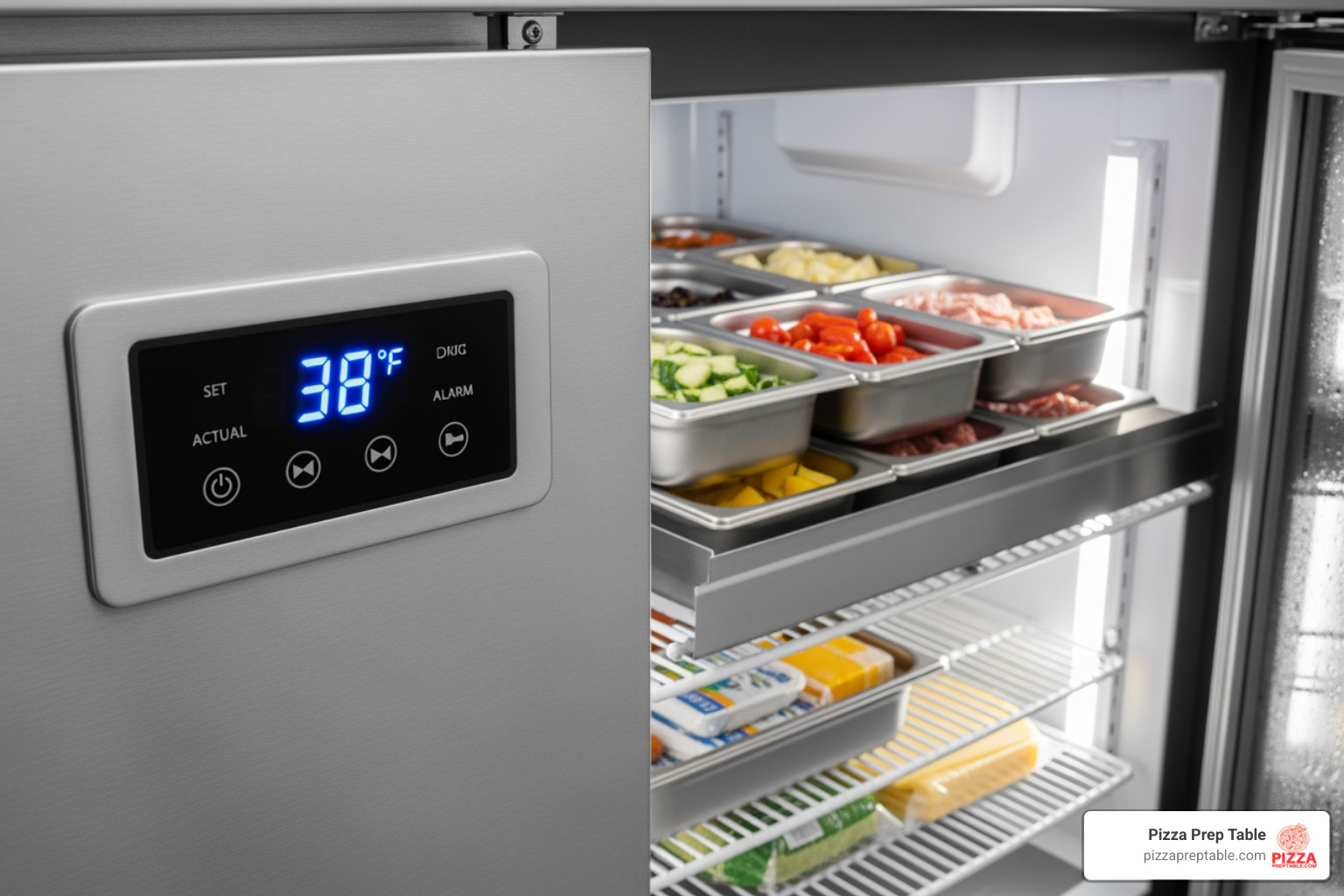 close-up on a digital temperature control panel and the interior of a prep table's refrigerated base - prep table with refrigeration