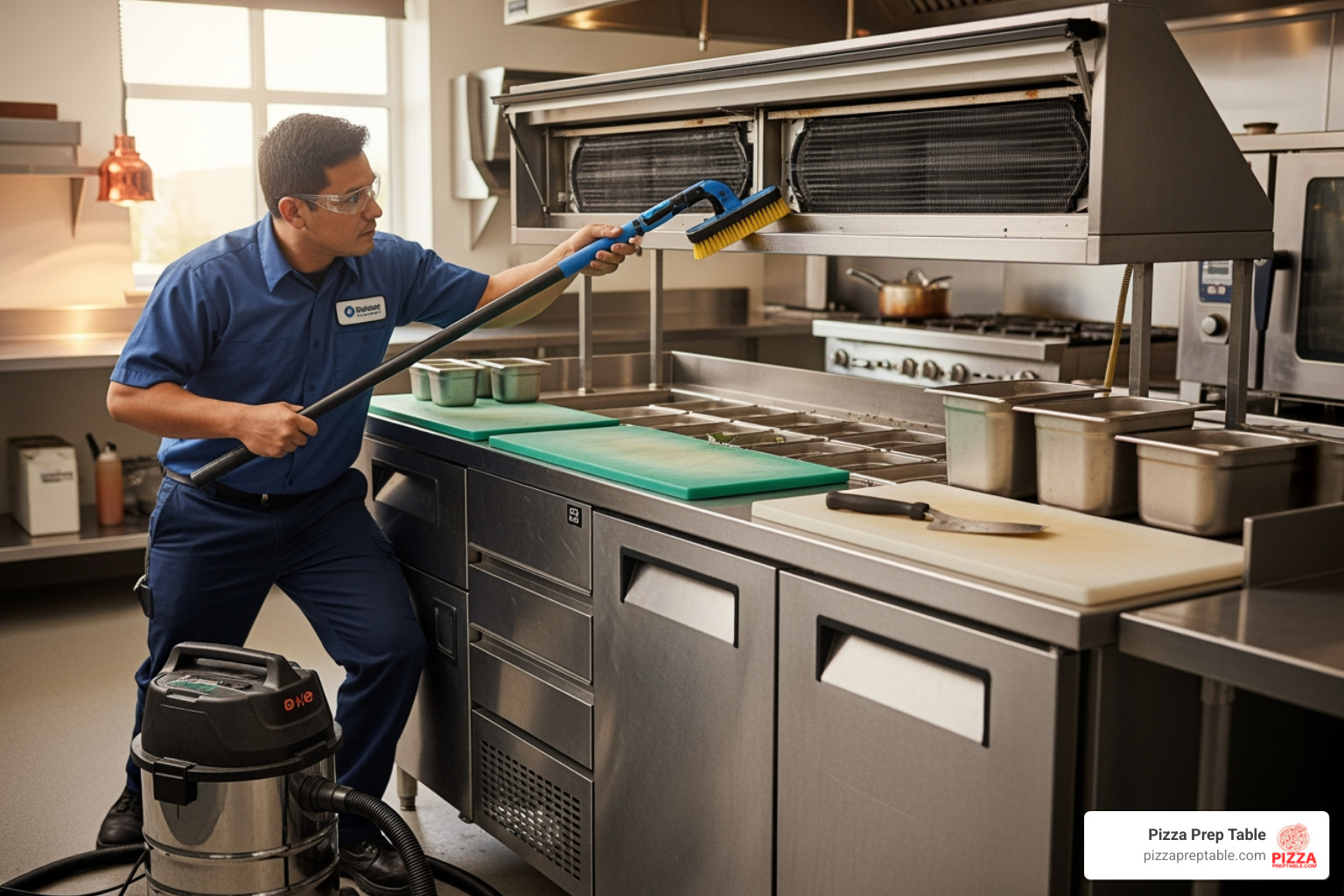 technician cleaning the condenser coils on a refrigerated prep table - prep table with refrigeration