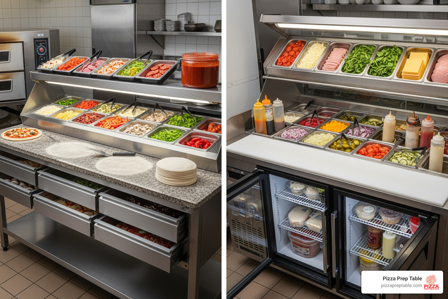 side-by-side comparison of a pizza prep table and a sandwich prep table - prep table with refrigeration