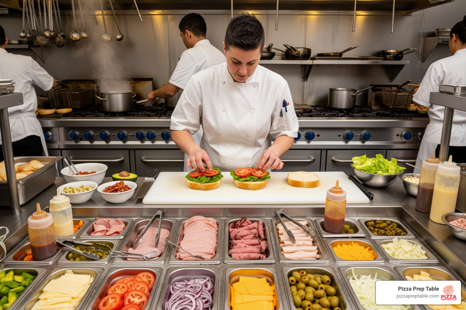 chef efficiently assembling a sandwich using a fully stocked sandwich prep table - prep table with refrigeration