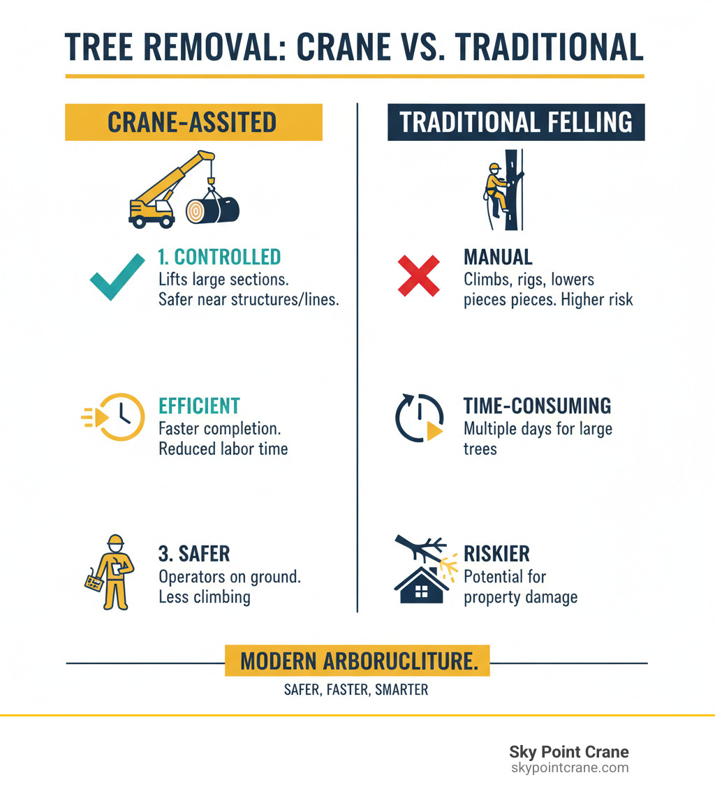 infographic explaining the basic concept of crane-assisted tree removal vs. traditional felling. - Tree removal crane infographic infographic explaining the basic concept of crane-assisted tree removal vs. traditional felling. - Tree removal crane infographic