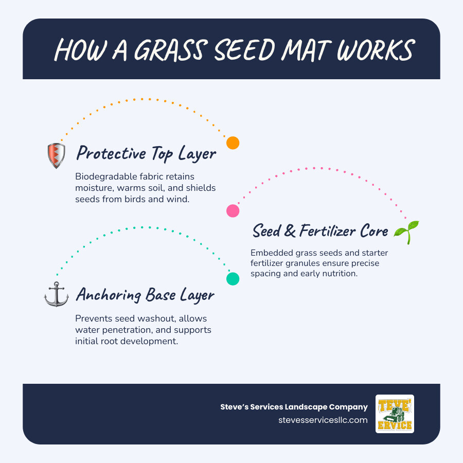 Infographic showing cross-section of a grass seed mat with three labeled layers: top biodegradable fabric layer that retains moisture and protects seeds, middle layer with embedded grass seeds and fertilizer granules, and bottom fabric layer that prevents seed washout while allowing water penetration and root growth into soil - lawn mat seed infographic infographic-line-3-steps-blues-accent_colors