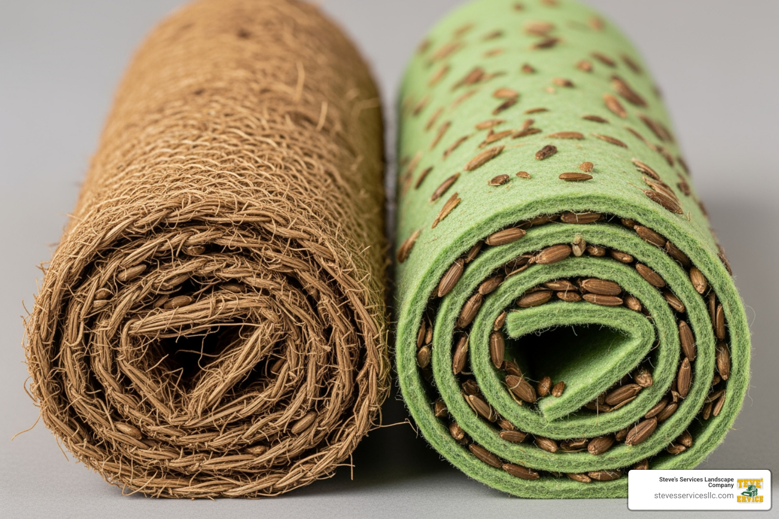 different types of seed mat rolls, one made of wood fiber and another of a different textile - lawn mat seed