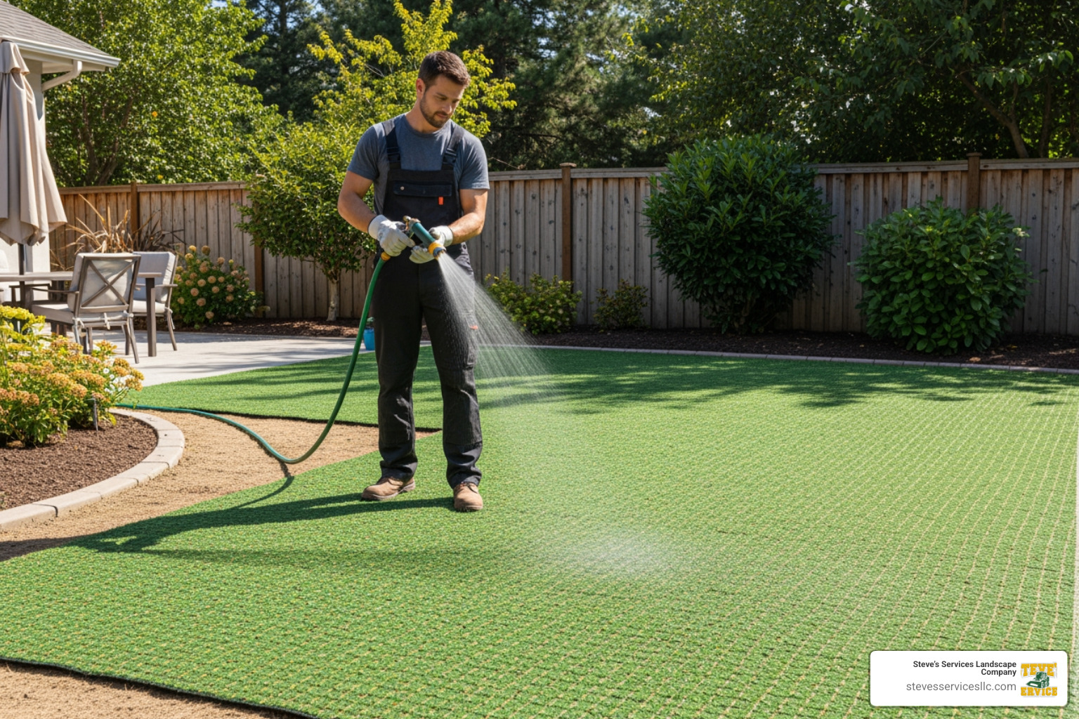 professional watering a newly laid grass seed mat - lawn mat seed