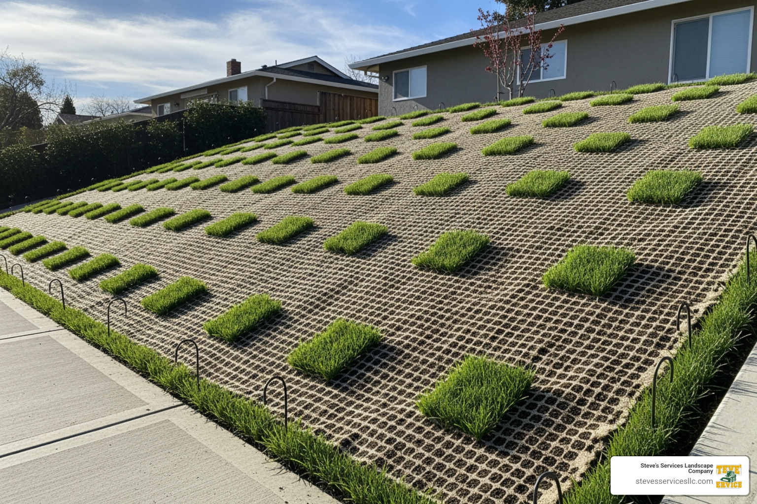 grass seed mat successfully installed on a sloped yard - lawn mat seed