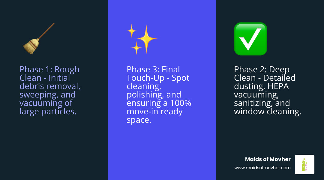 Infographic showing the three phases of post-construction cleaning: Phase 1 shows rough cleaning with debris removal and sweeping, Phase 2 depicts deep cleaning with HEPA vacuuming and sanitizing fixtures, and Phase 3 illustrates final touch-ups with polishing and inspection, progressing from a dusty construction site to a sparkling, move-in ready home in Washington - post-construction cleaning washington infographic 3_facts_emoji_blue
