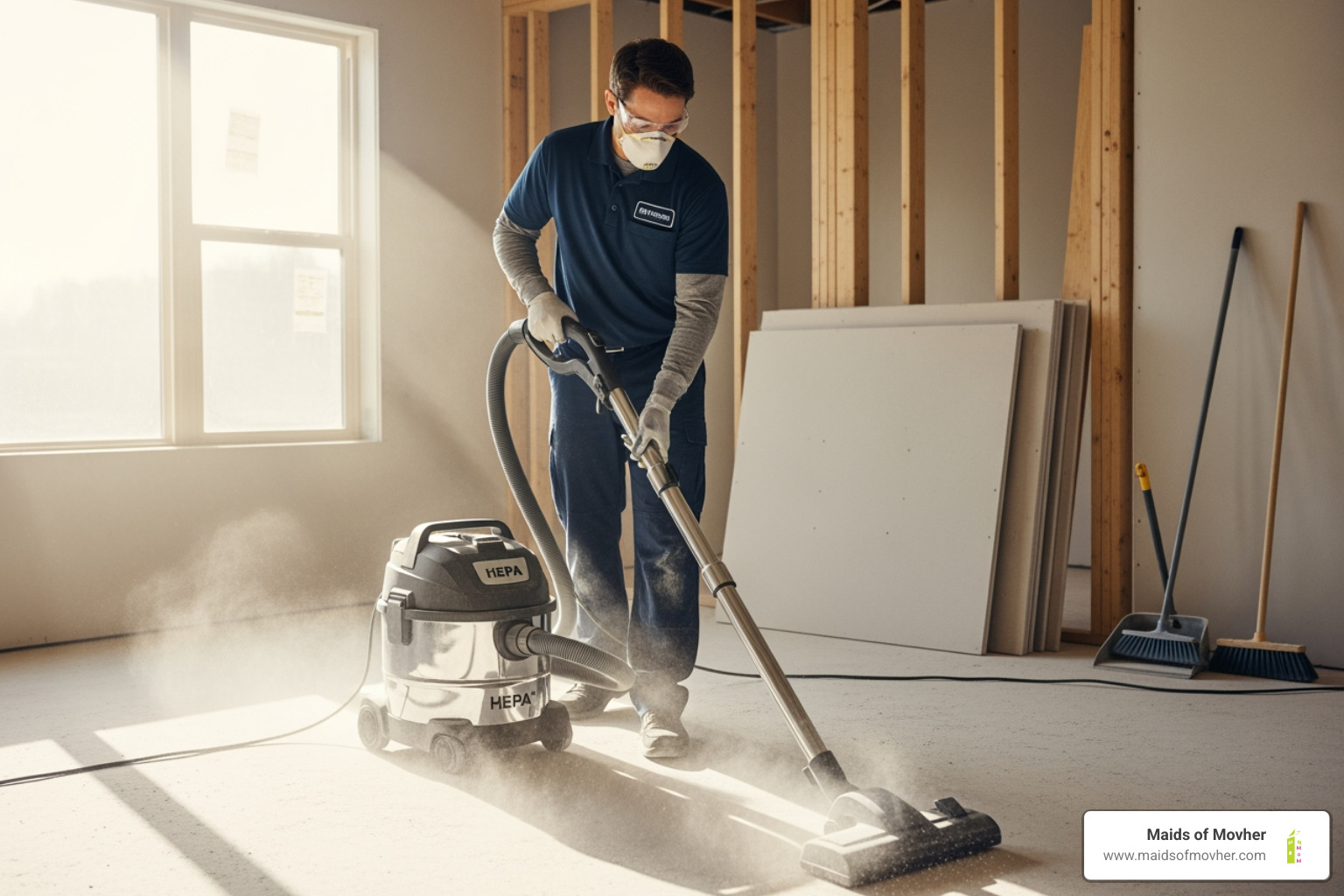 cleaning professional using a HEPA vacuum on a dusty floor - post-construction cleaning washington