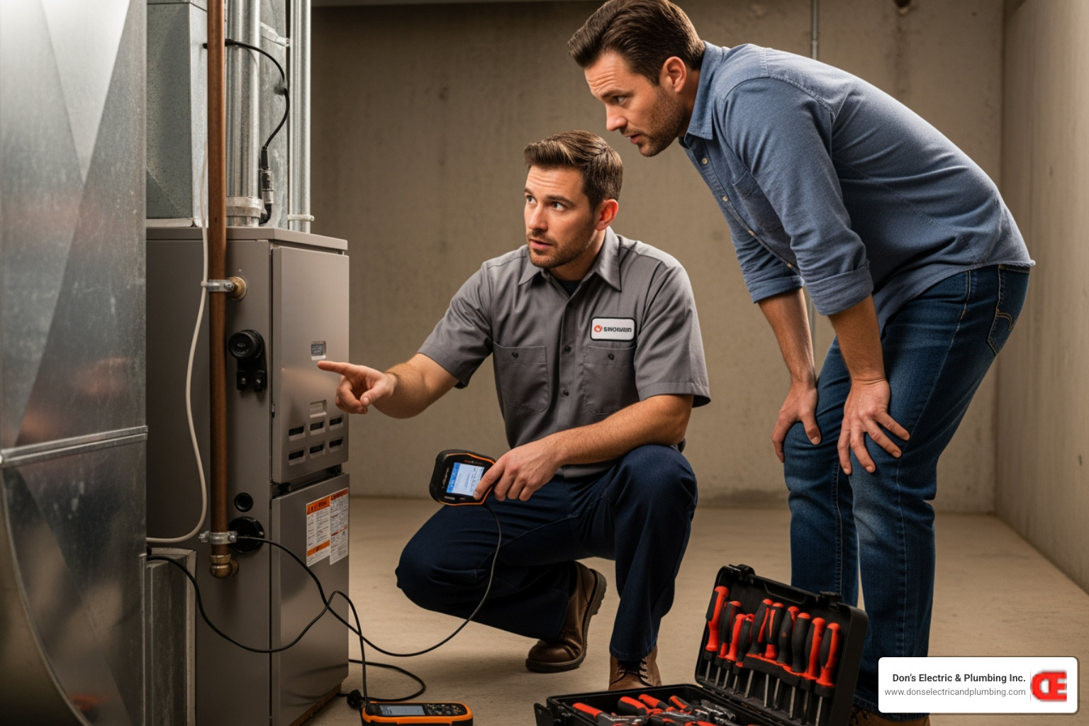 image of a furnace repair technician explaining diagnostics to a homeowner - licensed furnace repair broadalbin image of a furnace repair technician explaining diagnostics to a homeowner - licensed furnace repair broadalbin